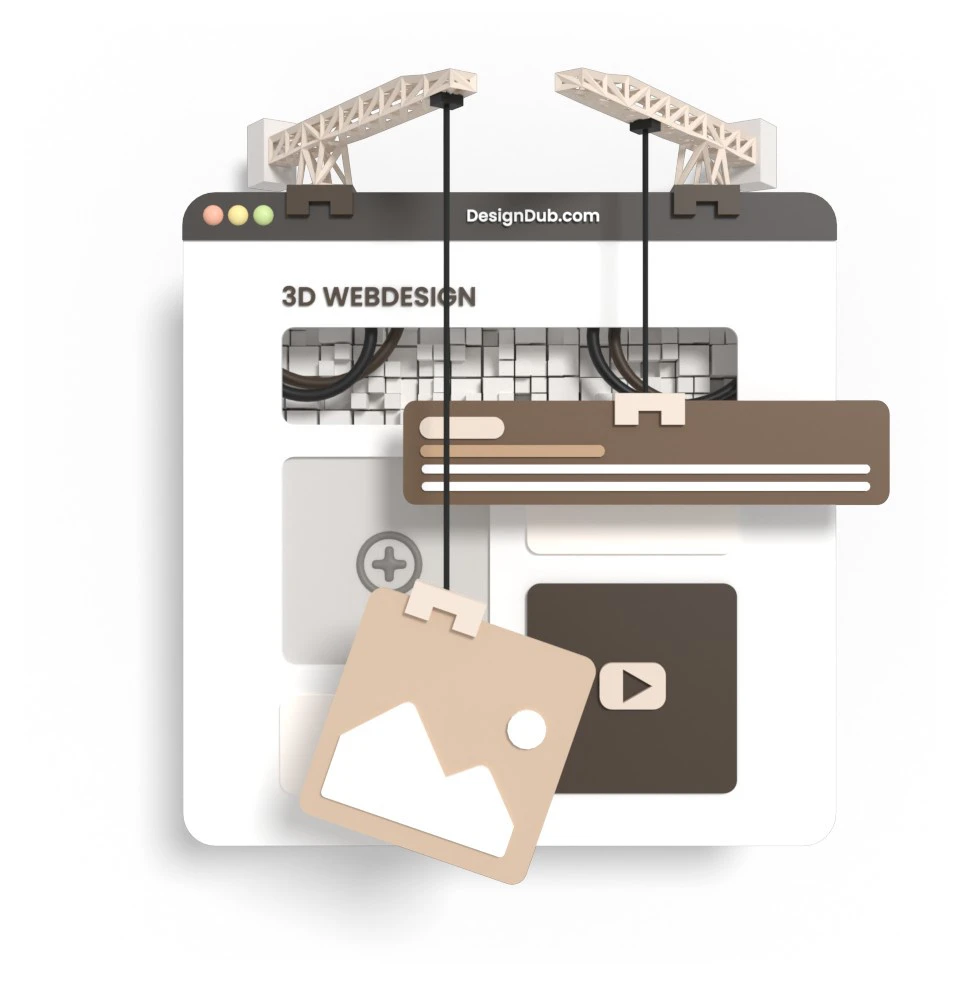 3d-webdesign-building-construction Image of a browser window with cranes on top moving website components such as banners and images in place representing design services to build and grow your business
