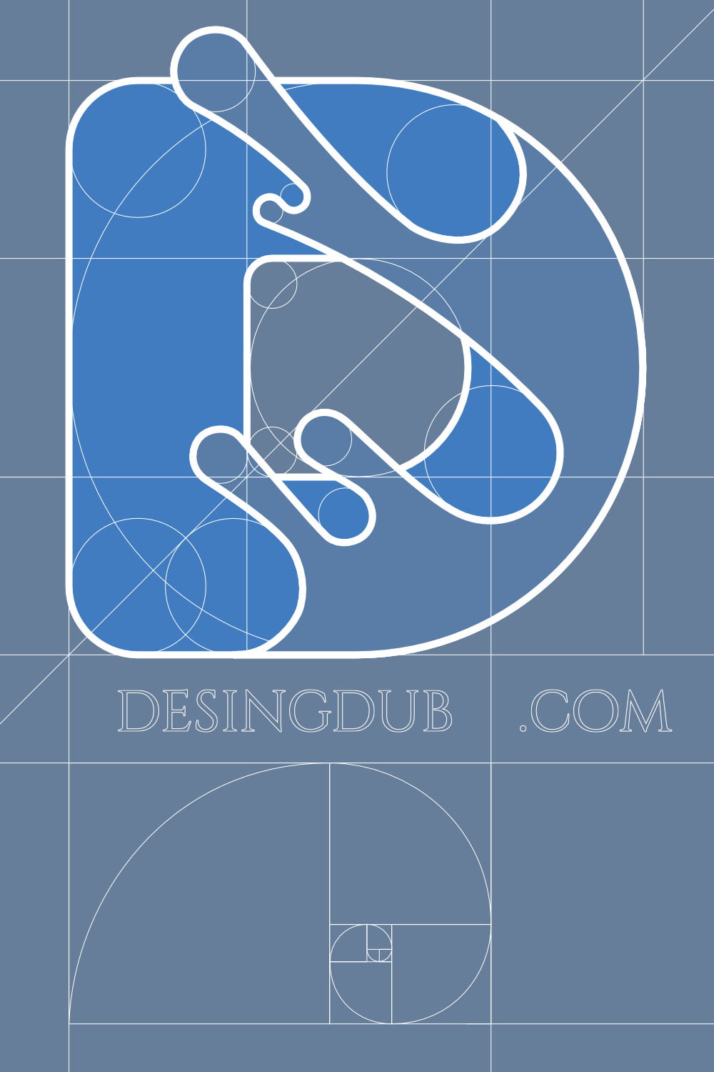 Blueprint of the DesignDub logo showing the fibonacci golden ration Blueprint of the designdub logo.  Image shows how the  the fibonacci and golden ration is used in design services to grow your business