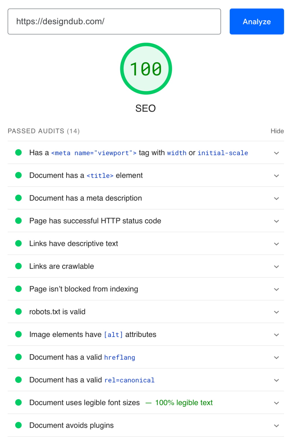 Google Page insight where DesignDub.com scores 100% on SEO friendly design