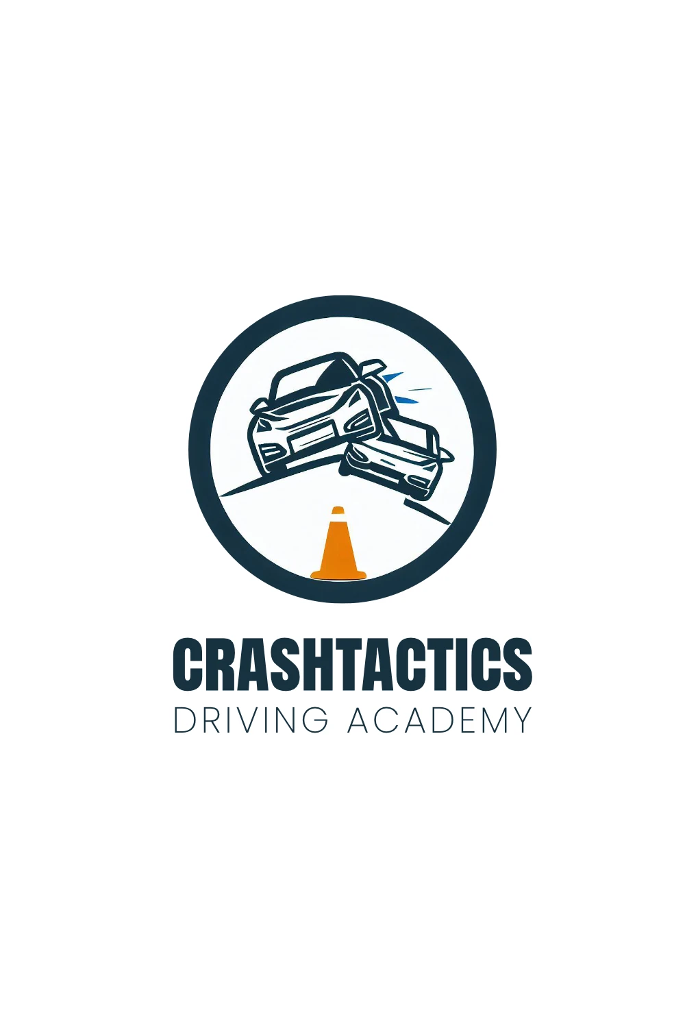 Memorable and Recognizable Logo Design of 2 cars crashing in to each other and a traffic cone in the middle with the text: "CrashTactics Driving Academy"