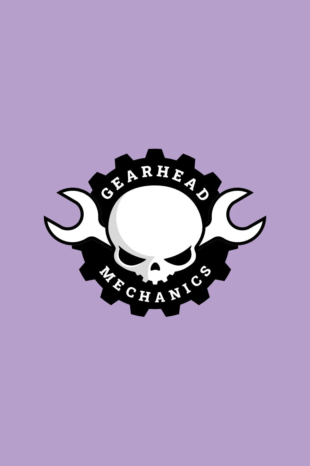 Recognizable Logo Design Of Gearhead Mechanics showing a white skull with gear teeth inside a black gear which also could be a tire.