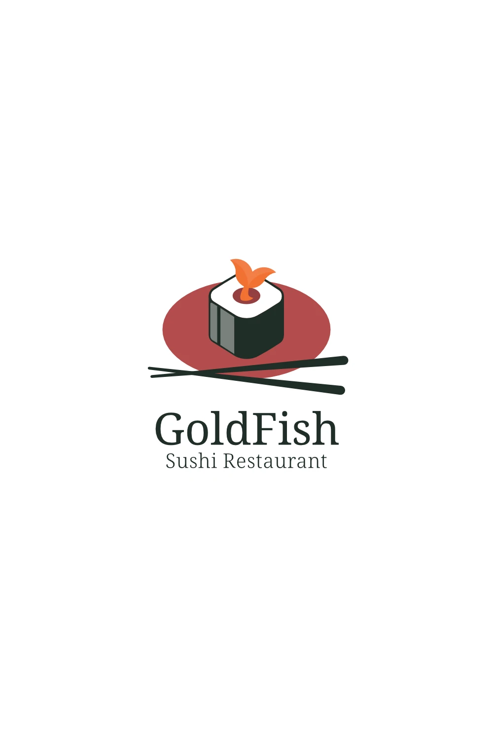 A Create a Memorable and Recognizable Logo Design showing a sushi maki with the tail of a goldfish sticking out. And the text "GoldFish Sushi Restaurant"
